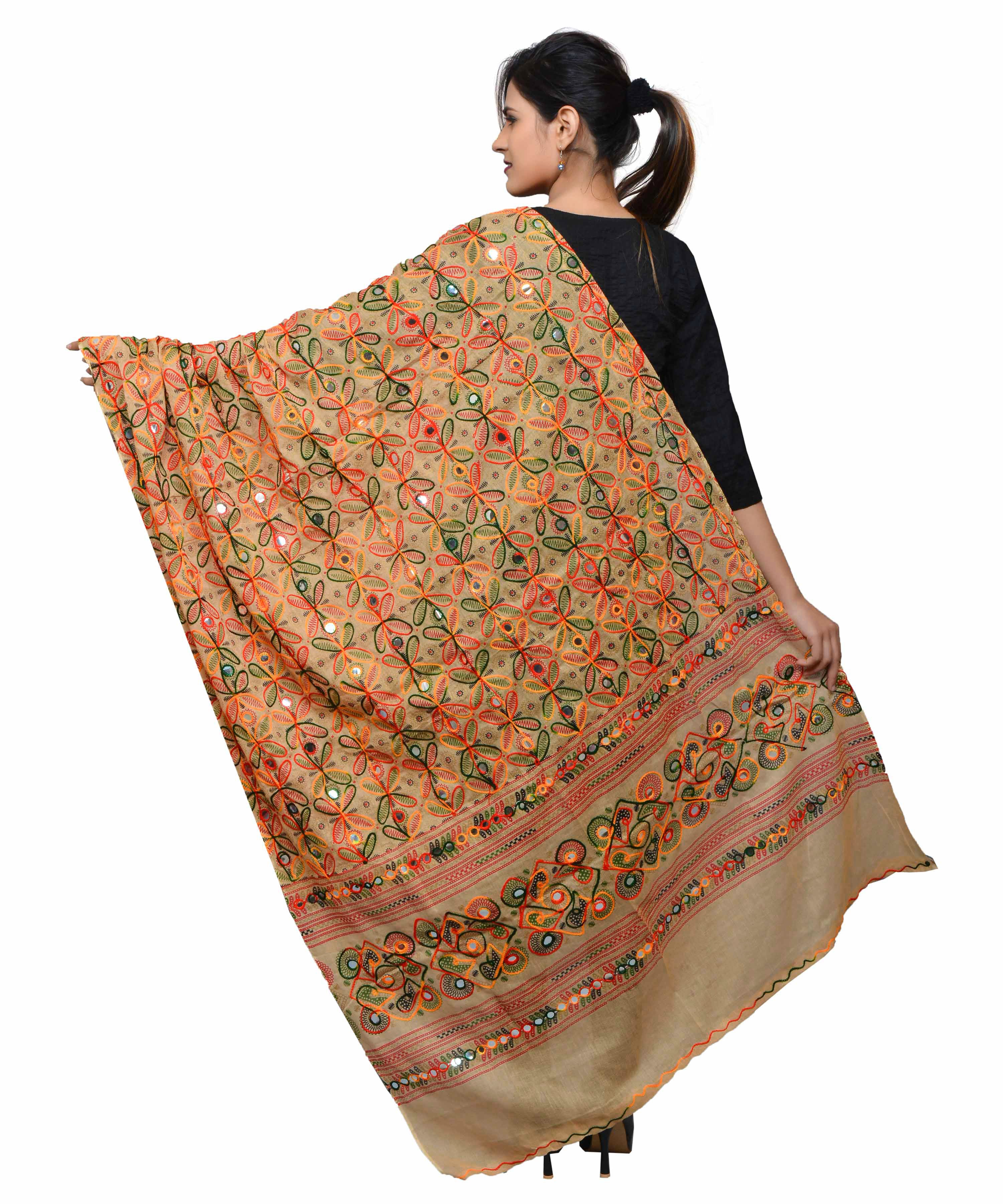 Banjara India Women's Pure Cotton Aari Embroidery & Foil Mirrors Dupatta (Rasna) Beige - RSN14 - Banjara India