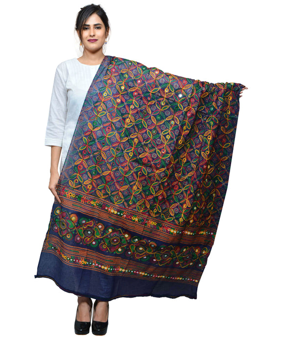 Banjara India Women's Pure Cotton Aari Embroidery & Foil Mirrors Dupatta (Rasna) Dark Blue - RSN15 - Banjara India