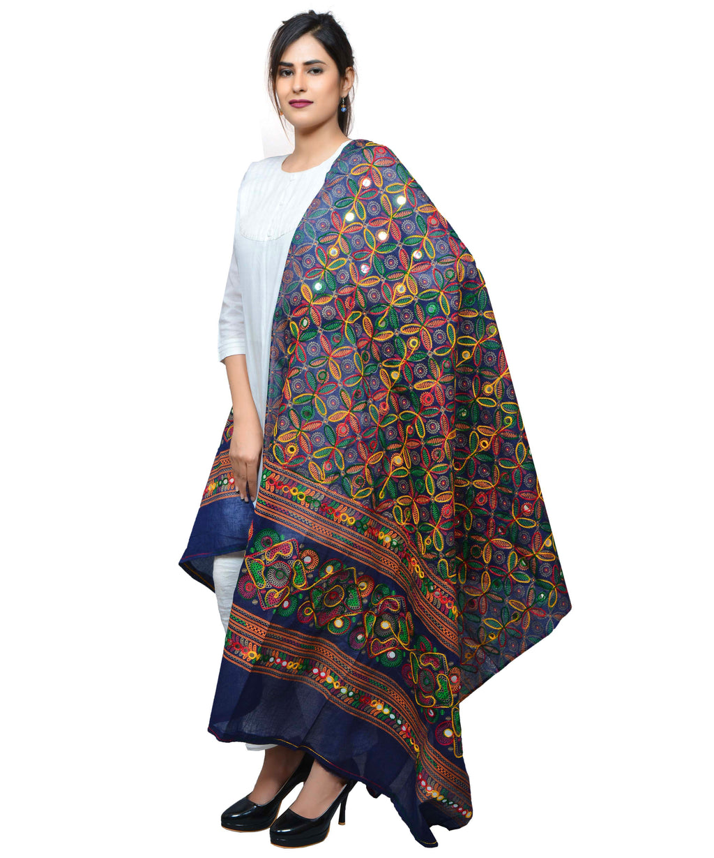 Banjara India Women's Pure Cotton Aari Embroidery & Foil Mirrors Dupatta (Rasna) Dark Blue - RSN15 - Banjara India