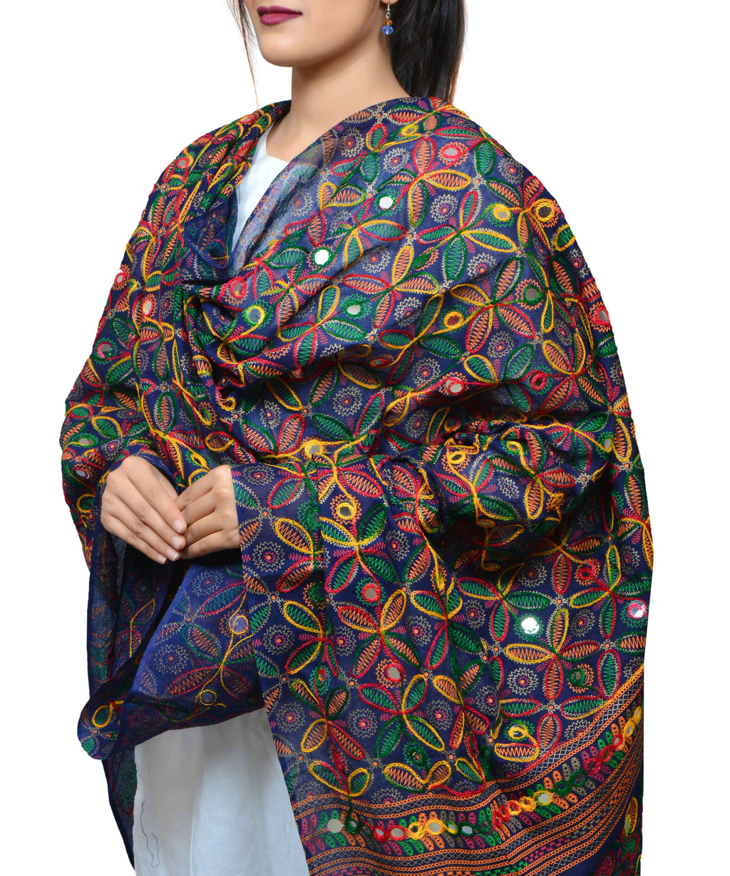 Banjara India Women's Pure Cotton Aari Embroidery & Foil Mirrors Dupatta (Rasna) Dark Blue - RSN15 - Banjara India