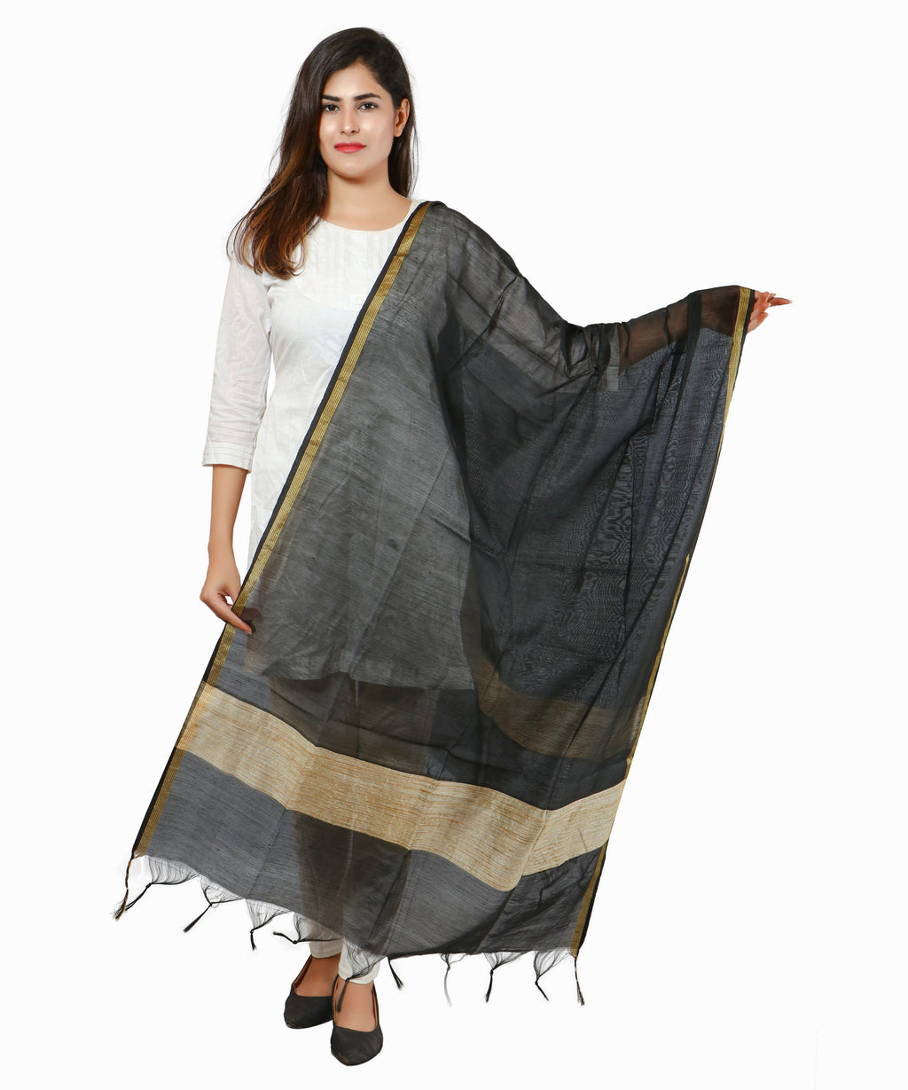 Banarasi Solid Cotton Silk Dupatta-Black