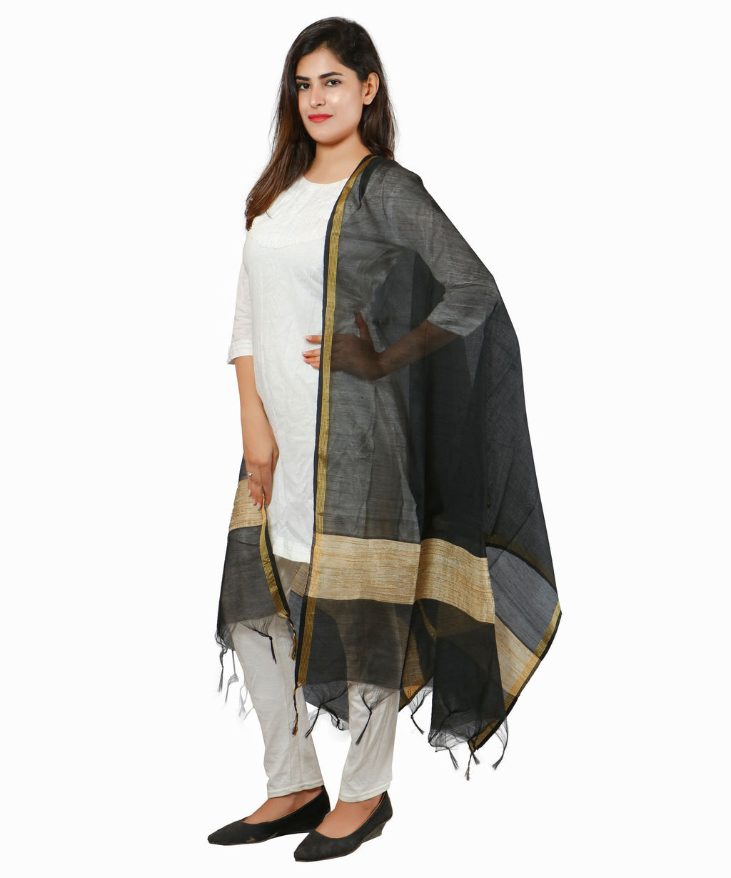 Banarasi Solid Cotton Silk Dupatta-Black