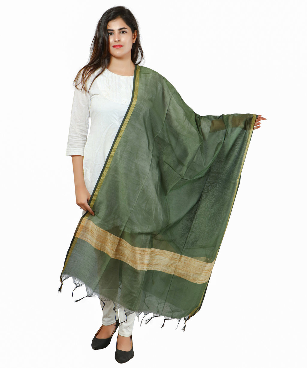 Banarasi Solid Cotton Silk Dupatta-Green