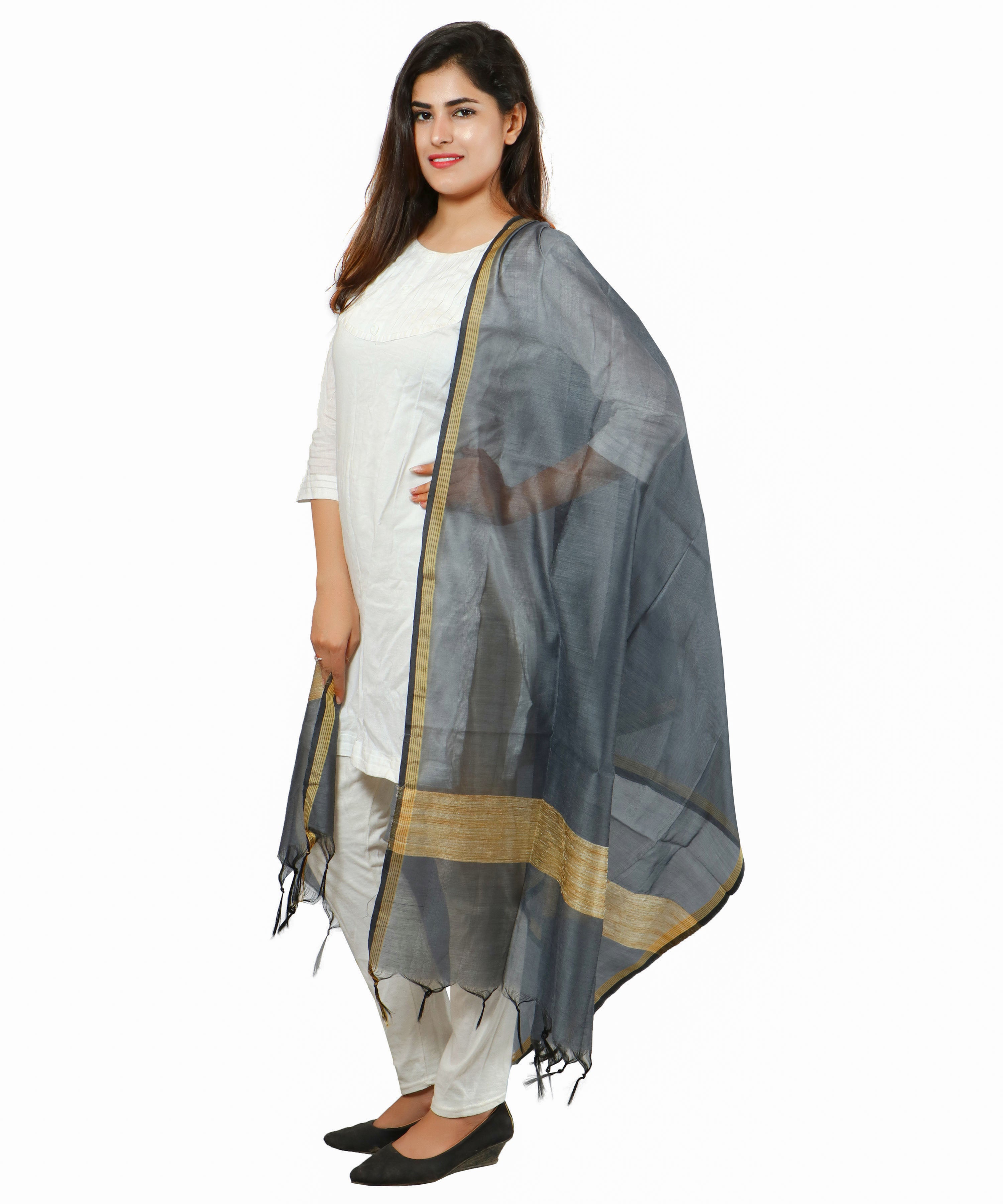 Banarasi Solid Cotton Silk Dupatta-Grey