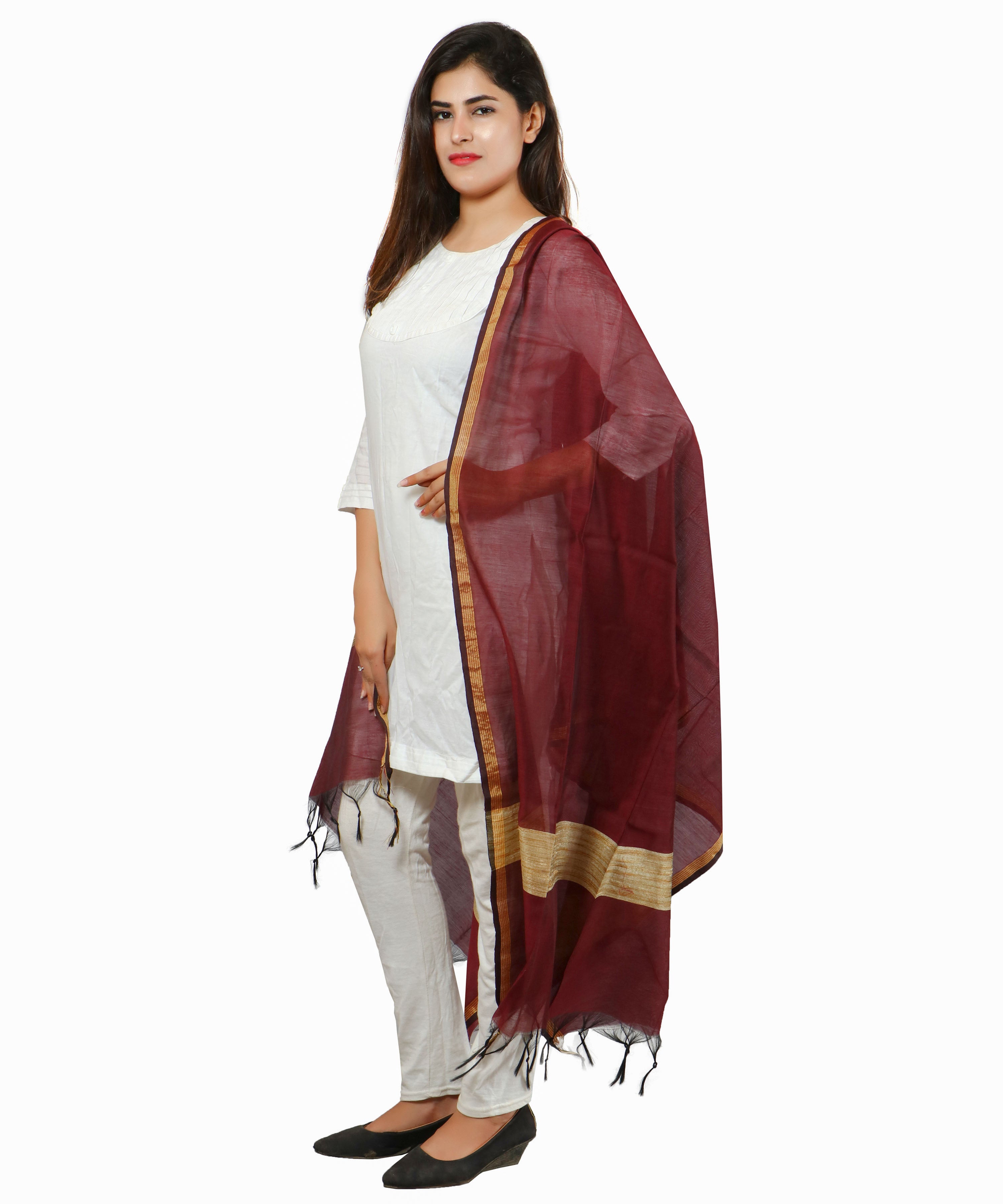 Banarasi Solid Cotton Silk Dupatta-Maroon