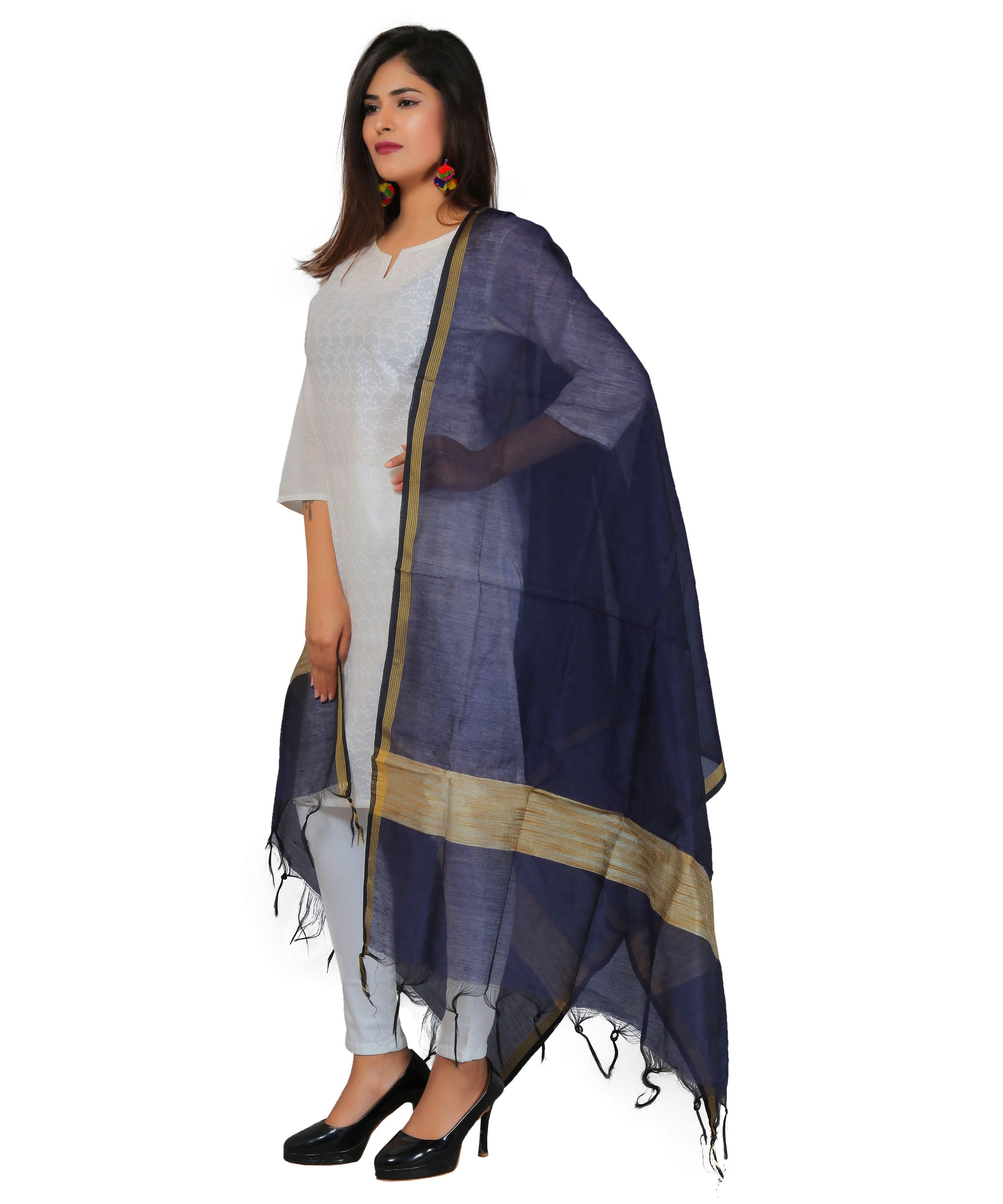 Banarasi Solid Cotton Silk Dupatta-Blue