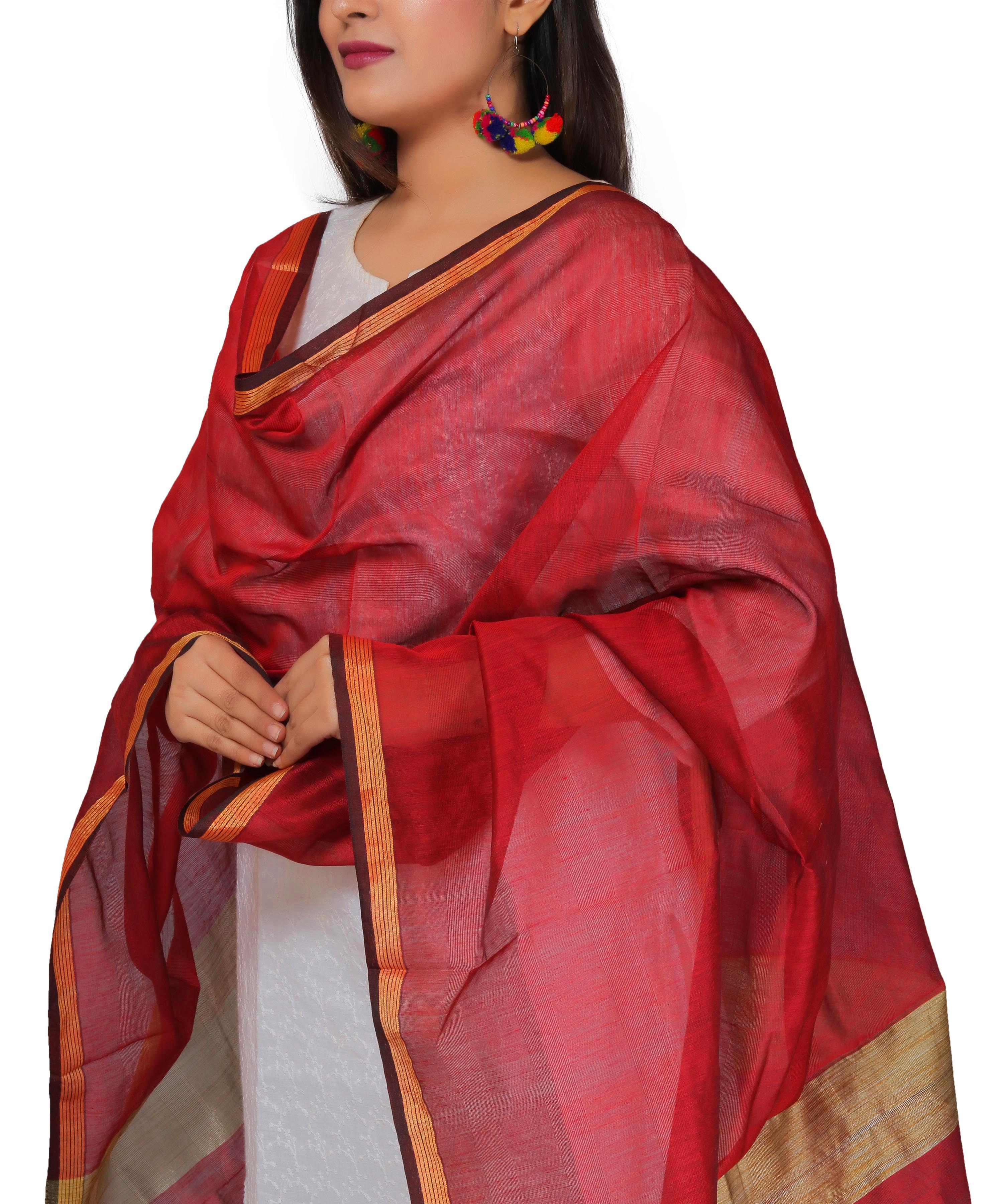 Banarasi Solid Cotton Silk Dupatta-Red