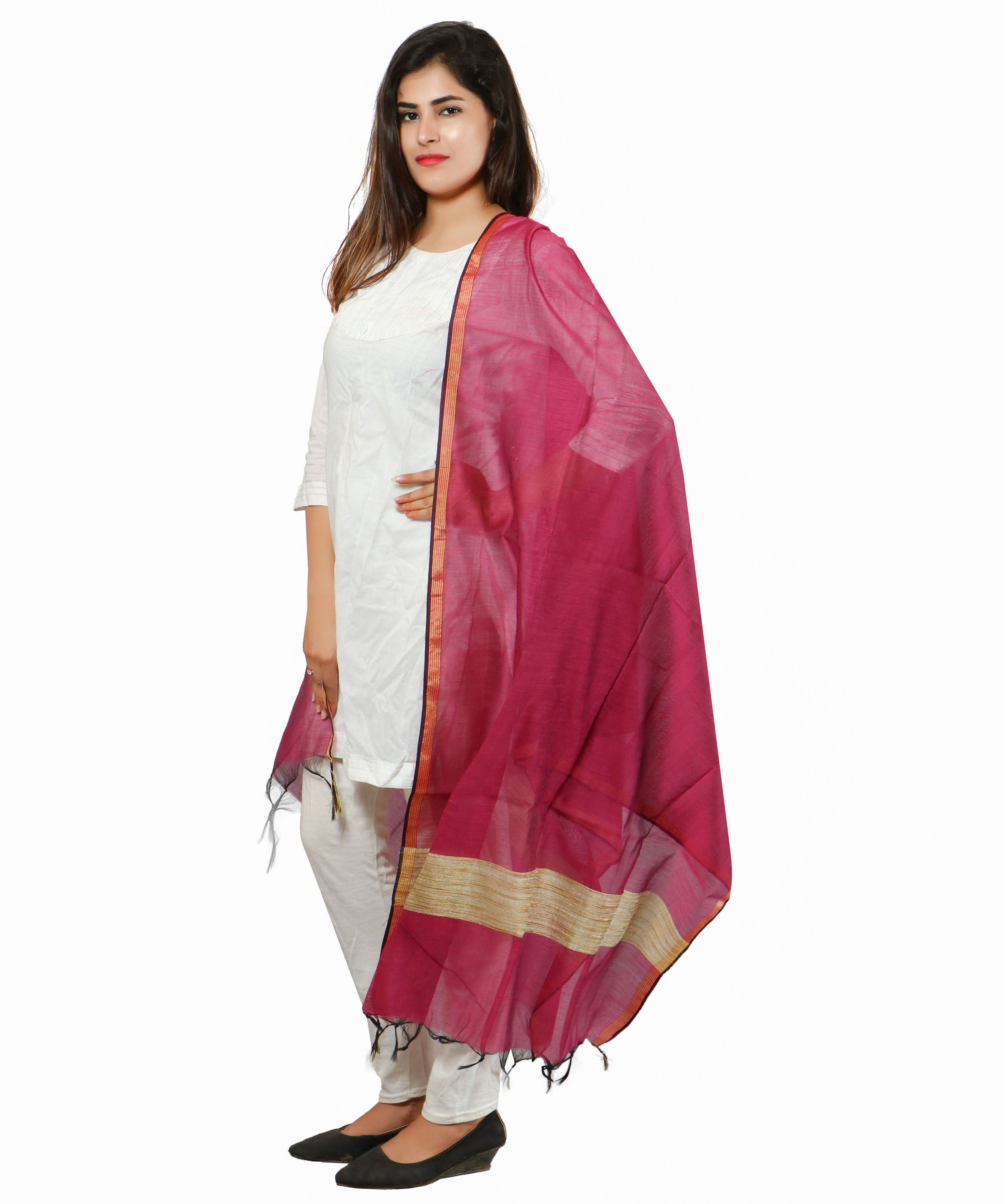 Banarasi Solid Cotton Silk Dupatta-Wine