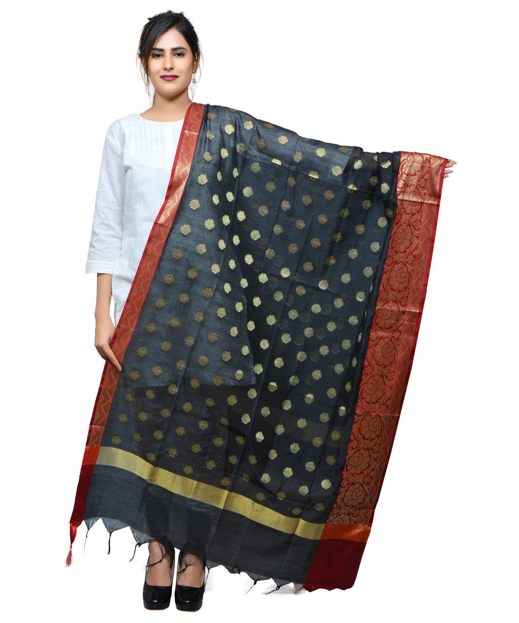 Banarasi Kora Silk Zari Dupatta with Shaded Border - Black
