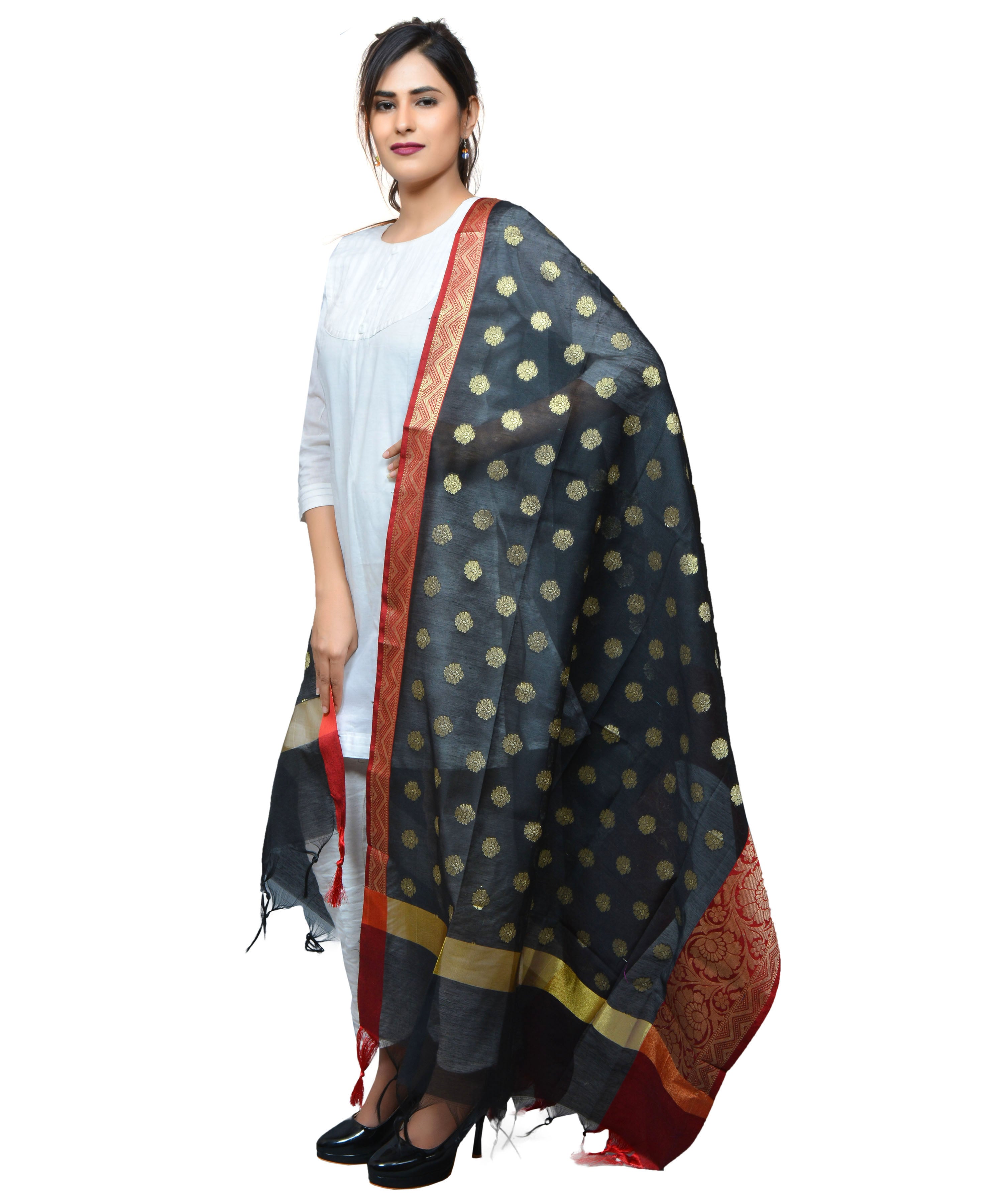 Banarasi Kora Silk Zari Dupatta with Shaded Border - Black