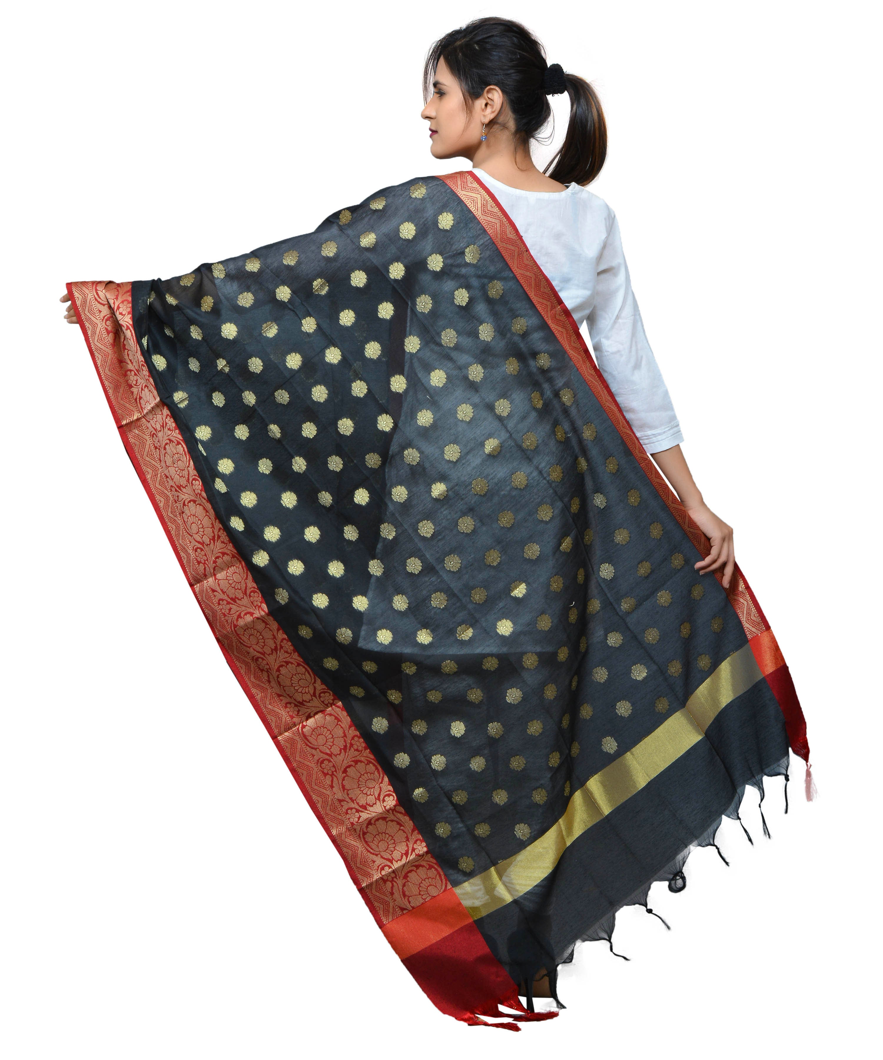 Banarasi Kora Silk Zari Dupatta with Shaded Border - Black
