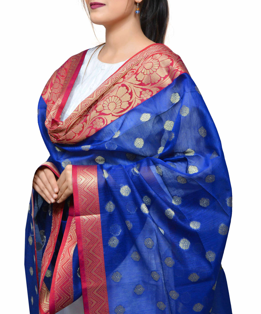 Banarasi Kora Silk Zari Dupatta with Shaded Border - Blue