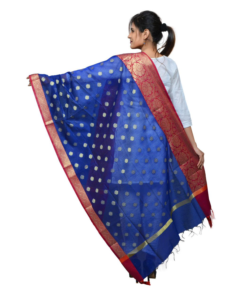 Banarasi Kora Silk Zari Dupatta with Shaded Border - Blue