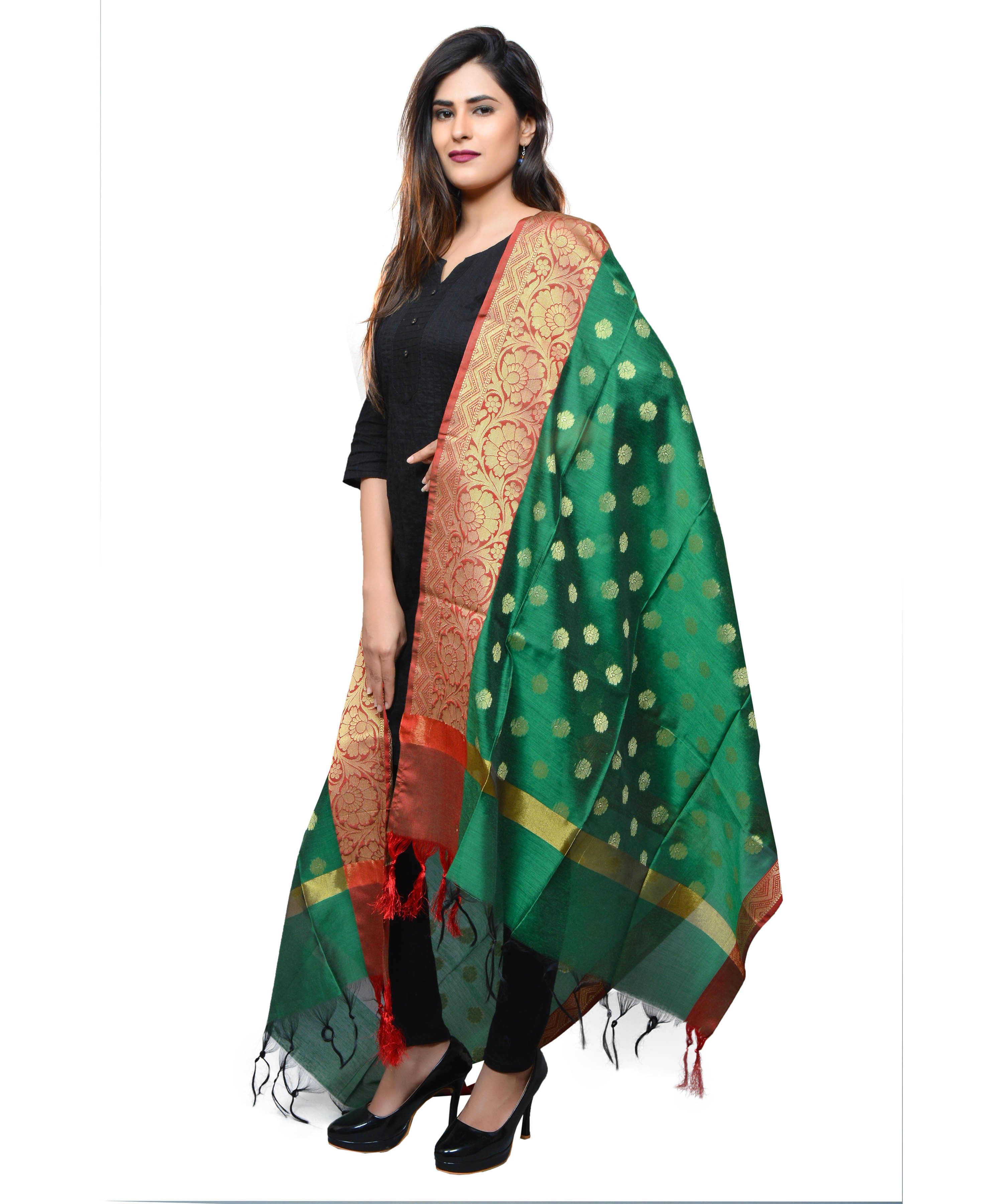 Banarasi Kora Silk Zari Dupatta with Shaded Border - Green