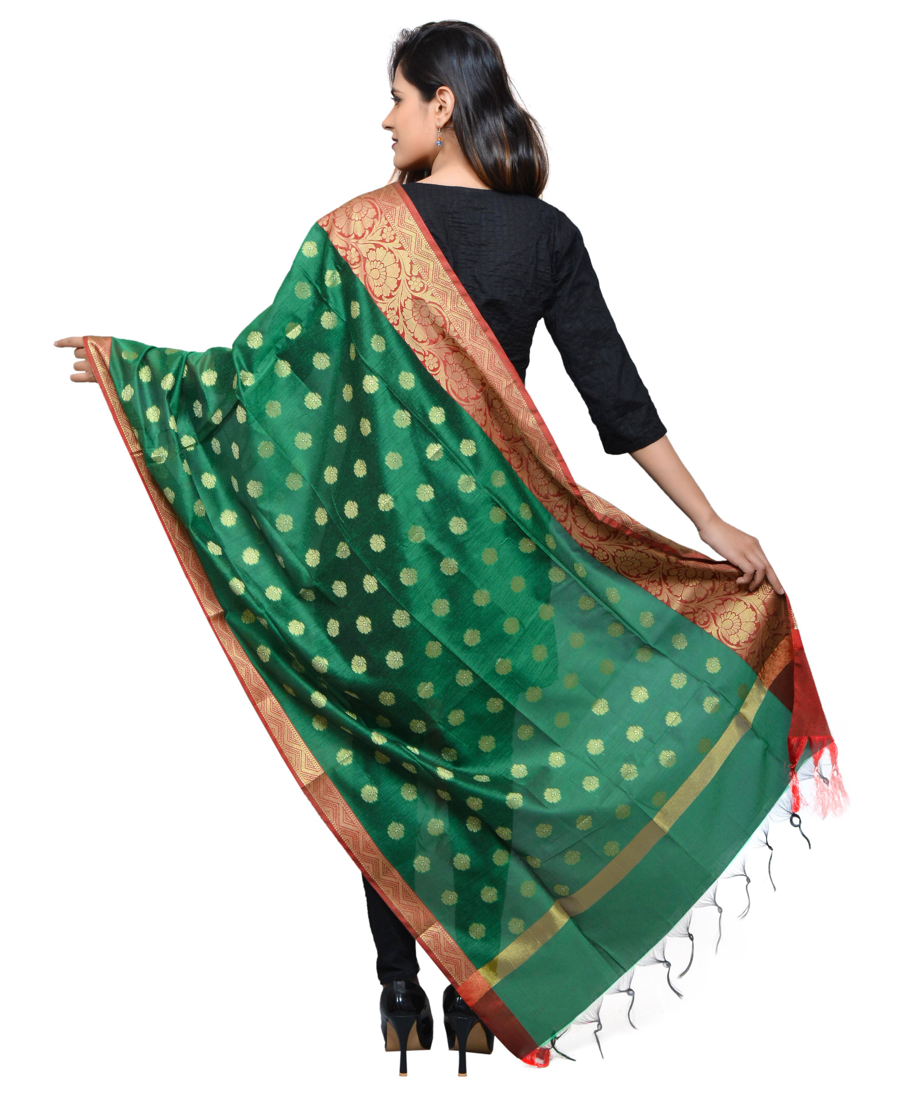Banarasi Kora Silk Zari Dupatta with Shaded Border - Green