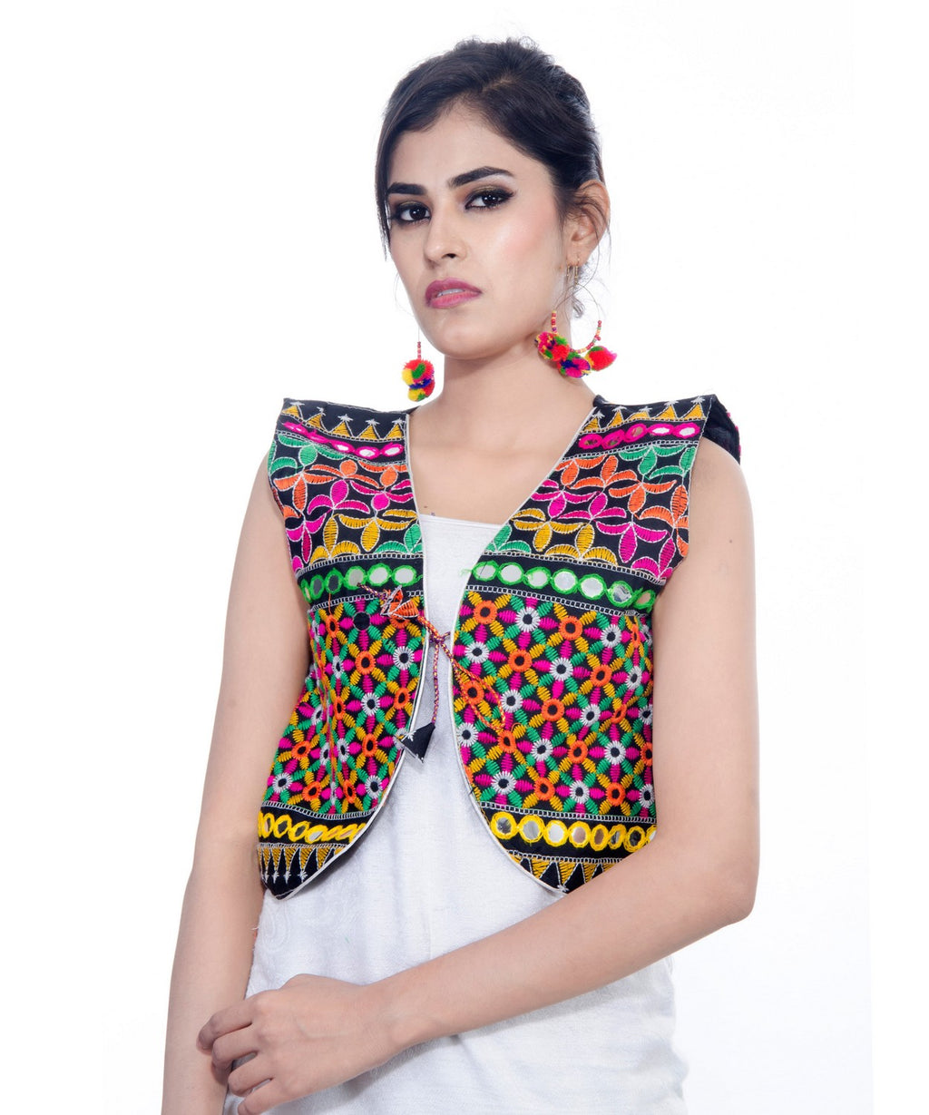 Banjara India Women's Cotton Blend Kutchi Embroidered Sleeveless Short Jacket/Koti/Shrug (Bullet) - SJK-BLT01 - Banjara India