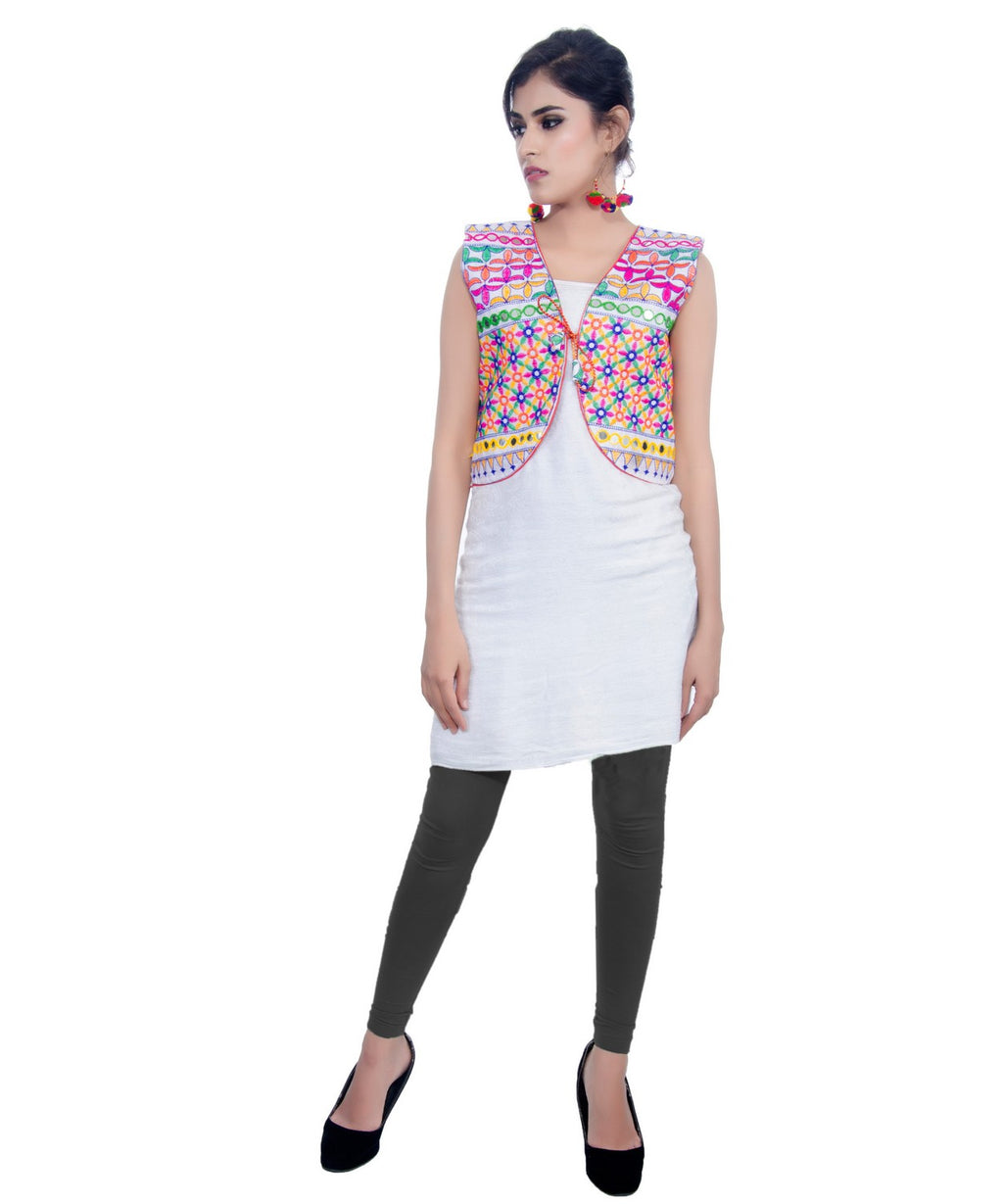 Banjara India Women's Cotton Blend Kutchi Embroidered Sleeveless Short Jacket/Koti/Shrug (Bullet) - SJK-BLT02 - Banjara India