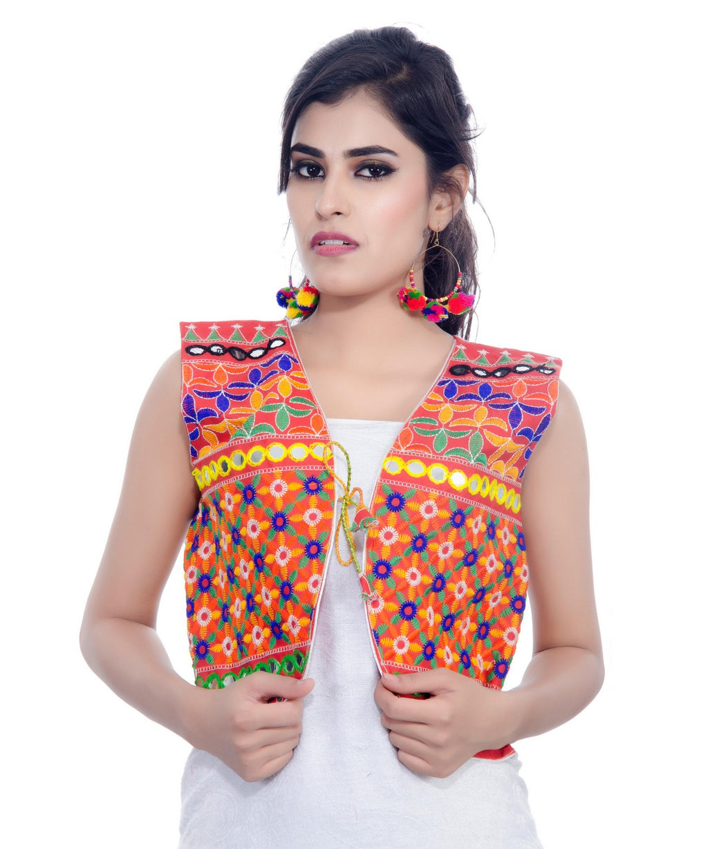 Banjara India Women's Cotton Blend Kutchi Embroidered Sleeveless Short Jacket/Koti/Shrug (Bullet) - SJK-BLT03 - Banjara India