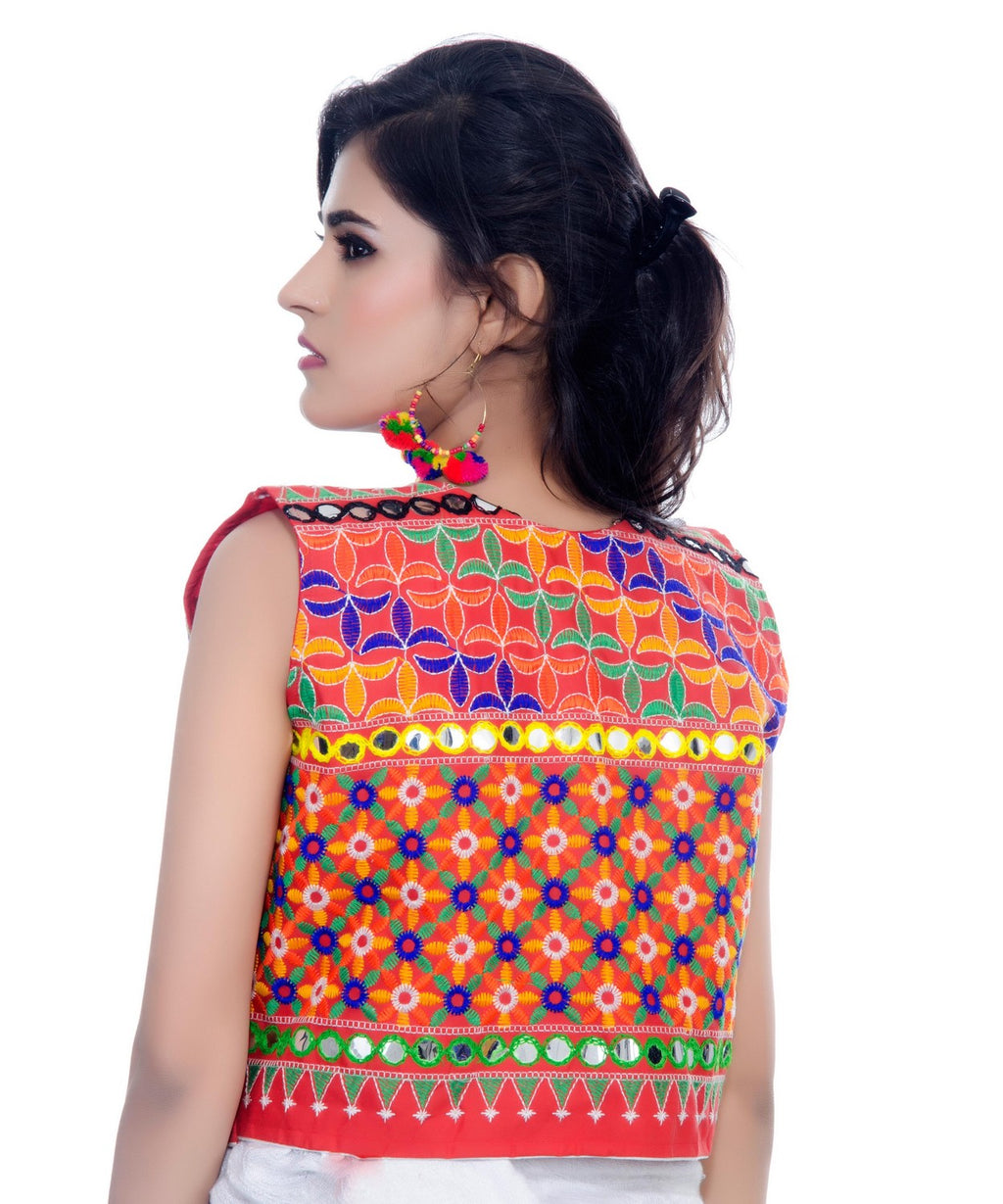 Banjara India Women's Cotton Blend Kutchi Embroidered Sleeveless Short Jacket/Koti/Shrug (Bullet) - SJK-BLT03 - Banjara India