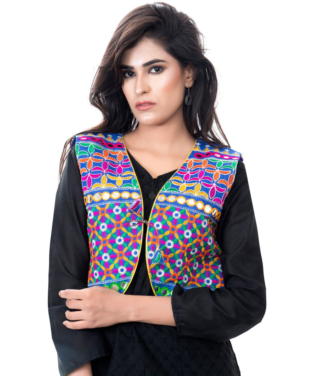 Banjara India Women's Cotton Blend Kutchi Embroidered Sleeveless Short Jacket/Koti/Shrug (Bullet) - SJK-BLT04 - Banjara India