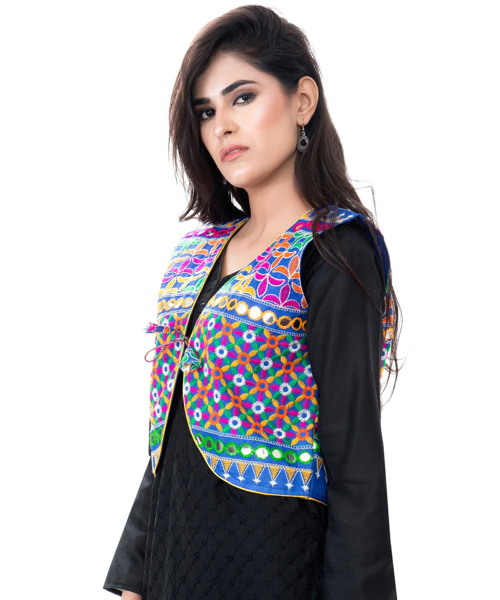 Banjara India Women's Cotton Blend Kutchi Embroidered Sleeveless Short Jacket/Koti/Shrug (Bullet) - SJK-BLT04 - Banjara India