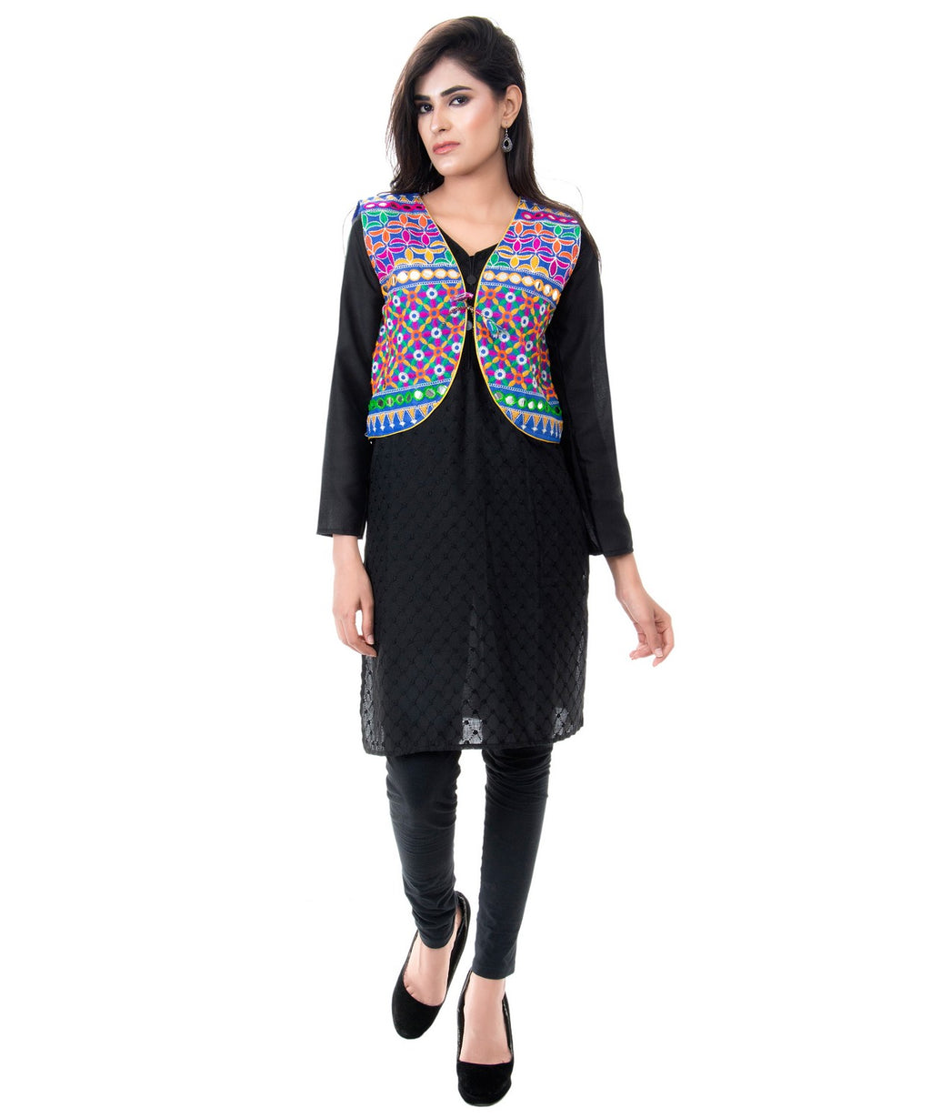 Banjara India Women's Cotton Blend Kutchi Embroidered Sleeveless Short Jacket/Koti/Shrug (Bullet) - SJK-BLT04 - Banjara India