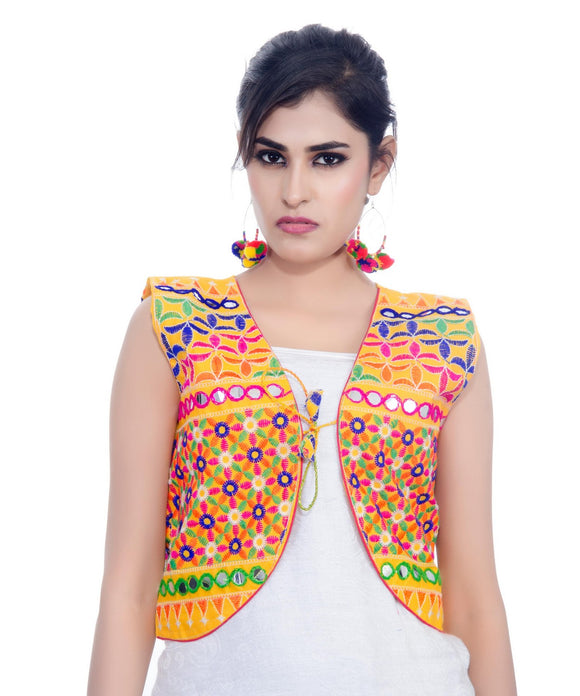 Banjara India Women's Cotton Blend Kutchi Embroidered Sleeveless Short Jacket/Koti/Shrug (Bullet) - SJK-BLT05 - Banjara India