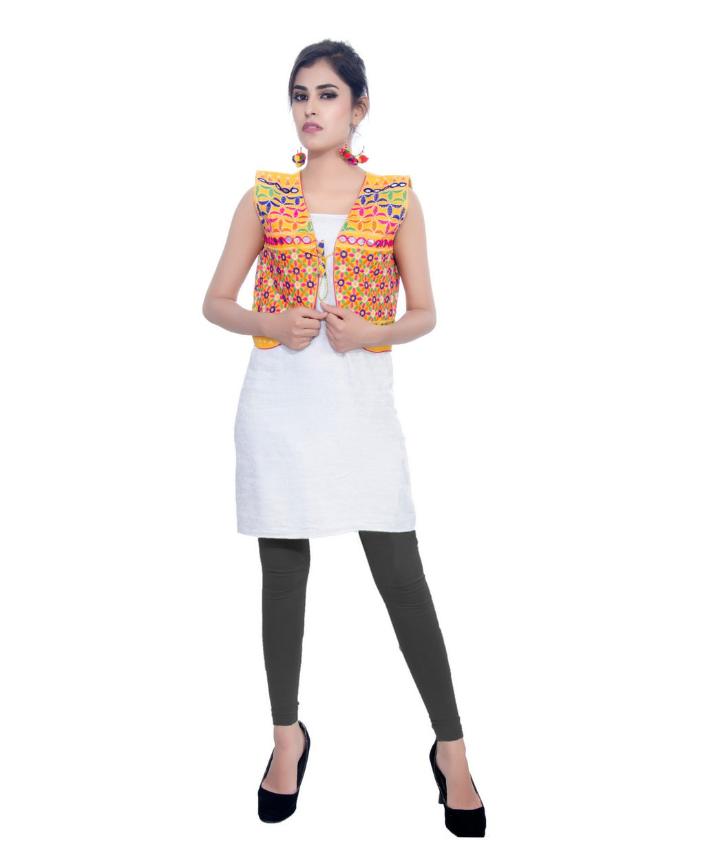 Banjara India Women's Cotton Blend Kutchi Embroidered Sleeveless Short Jacket/Koti/Shrug (Bullet) - SJK-BLT05 - Banjara India