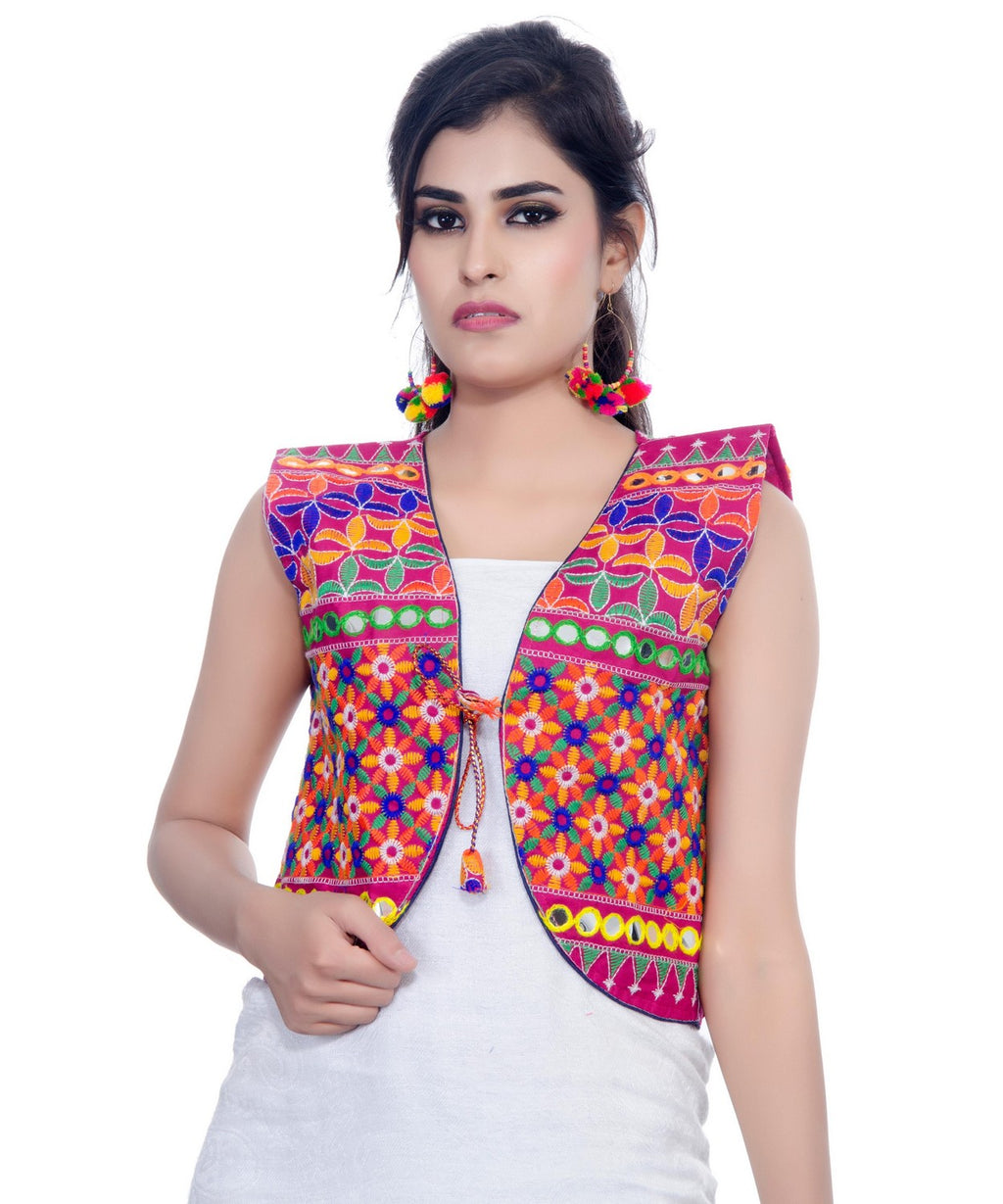Banjara India Women's Cotton Blend Kutchi Embroidered Sleeveless Short Jacket/Koti/Shrug (Bullet) - SJK-BLT06 - Banjara India
