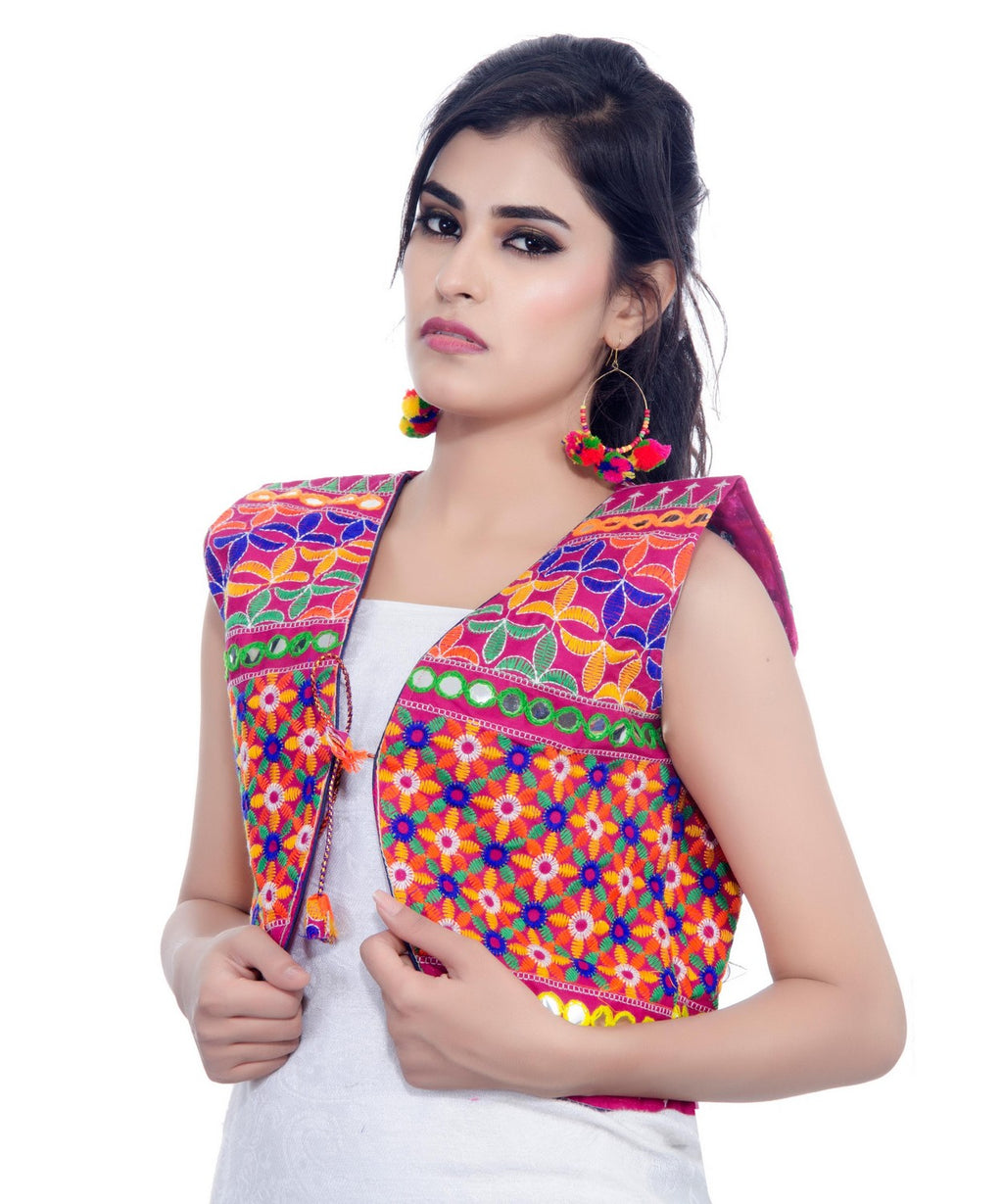 Banjara India Women's Cotton Blend Kutchi Embroidered Sleeveless Short Jacket/Koti/Shrug (Bullet) - SJK-BLT06 - Banjara India