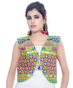 Banjara India Women's Cotton Blend Kutchi Embroidered Sleeveless Short Jacket/Koti/Shrug (Bullet) - SJK-BLT07 - Banjara India