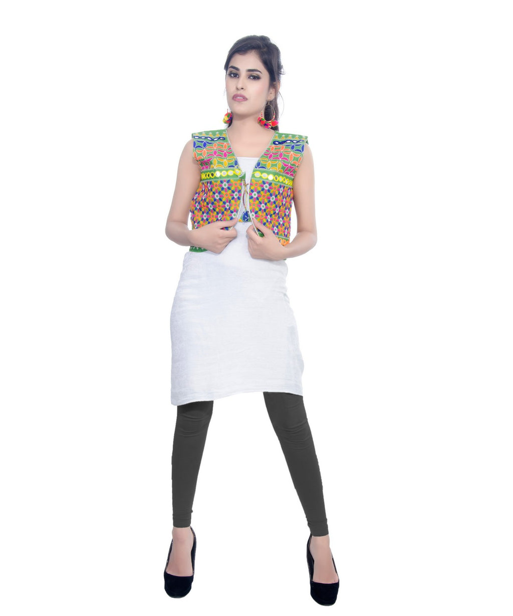 Banjara India Women's Cotton Blend Kutchi Embroidered Sleeveless Short Jacket/Koti/Shrug (Bullet) - SJK-BLT07 - Banjara India