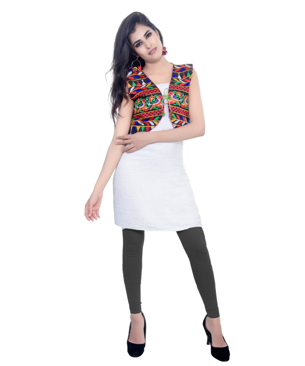 Banjara India Women's Cotton Blend Kutchi Embroidered Sleeveless Short Jacket/Koti/Shrug (Chidiya) - SJK-CDY01 - Banjara India
