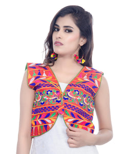 Banjara India Women's Cotton Blend Kutchi Embroidered Sleeveless Short Jacket/Koti/Shrug (Chidiya) - SJK-CDY03 - Banjara India
