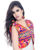 Banjara India Women's Cotton Blend Kutchi Embroidered Sleeveless Short Jacket/Koti/Shrug (Chidiya) - SJK-CDY03 - Banjara India