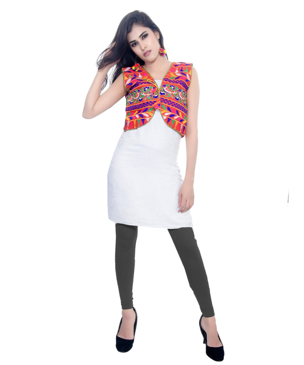 Banjara India Women's Cotton Blend Kutchi Embroidered Sleeveless Short Jacket/Koti/Shrug (Chidiya) - SJK-CDY03 - Banjara India