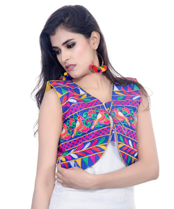 Banjara India Women's Cotton Blend Kutchi Embroidered Sleeveless Short Jacket/Koti/Shrug (Chidiya) - SJK-CDY04 - Banjara India