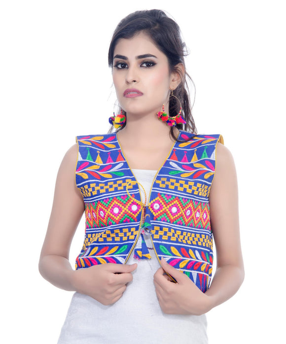 Banjara India Women's Cotton Blend Kutchi Embroidered Sleeveless Short Jacket/Koti/Shrug (Chokdo) - SJK-CKD04 - Banjara India