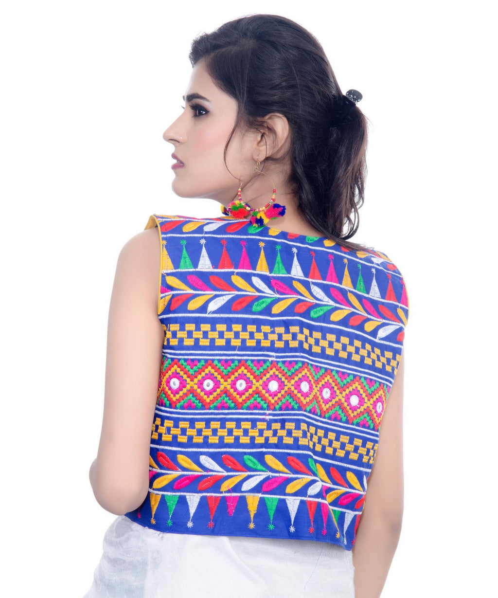 Banjara India Women's Cotton Blend Kutchi Embroidered Sleeveless Short Jacket/Koti/Shrug (Chokdo) - SJK-CKD04 - Banjara India
