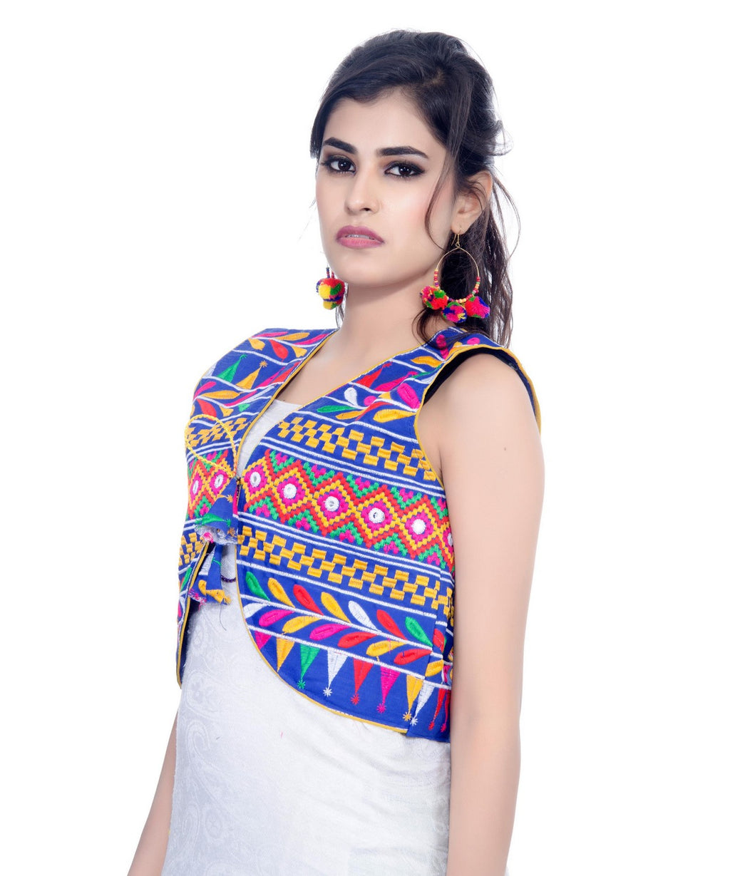 Banjara India Women's Cotton Blend Kutchi Embroidered Sleeveless Short Jacket/Koti/Shrug (Chokdo) - SJK-CKD04 - Banjara India