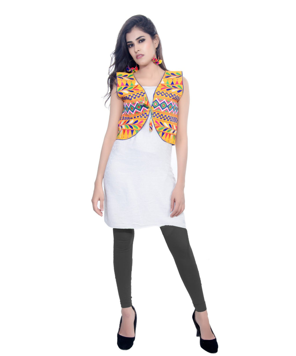Banjara India Women's Cotton Blend Kutchi Embroidered Sleeveless Short Jacket/Koti/Shrug (Chokdo) - SJK-CKD05 - Banjara India