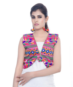 Banjara India Women's Cotton Blend Kutchi Embroidered Sleeveless Short Jacket/Koti/Shrug (Chidiya) - SJK-CDY06 - Banjara India