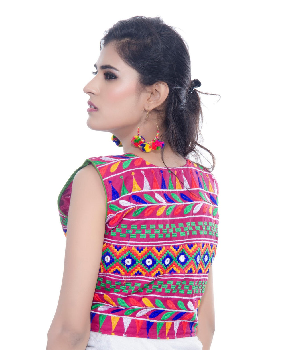 Banjara India Women's Cotton Blend Kutchi Embroidered Sleeveless Short Jacket/Koti/Shrug (Chidiya) - SJK-CDY06 - Banjara India