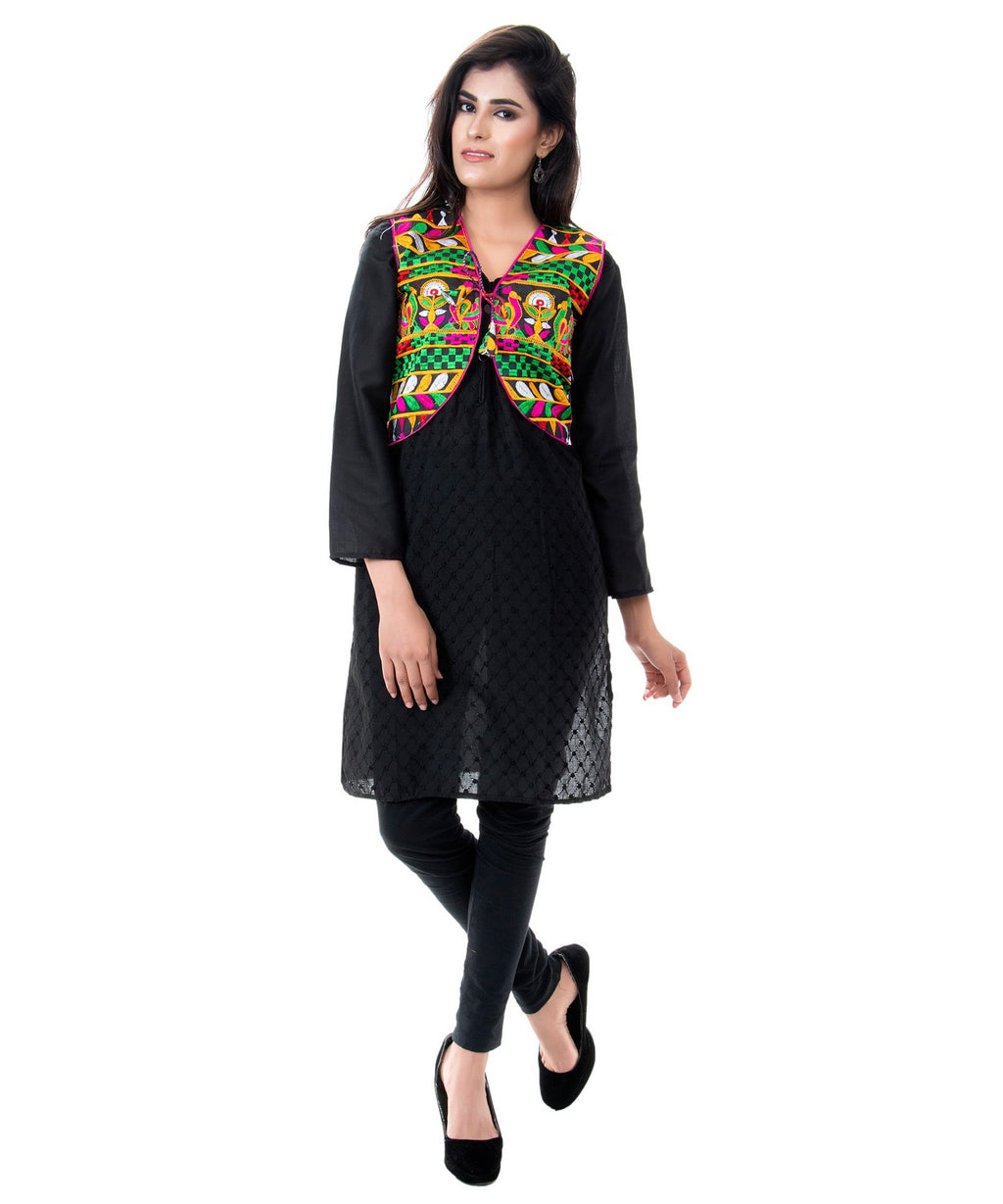 Banjara India Women's Cotton Blend Kutchi Embroidered Sleeveless Short Jacket/Koti/Shrug (Duck ) - SJK-DCK01 - Banjara India