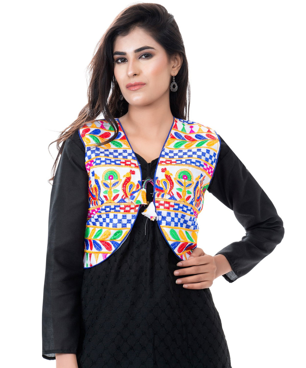 Banjara India Women's Cotton Blend Kutchi Embroidered Sleeveless Short Jacket/Koti/Shrug (Duck ) - SJK-DCK02 - Banjara India