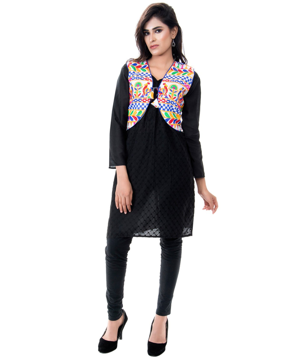 Banjara India Women's Cotton Blend Kutchi Embroidered Sleeveless Short Jacket/Koti/Shrug (Duck ) - SJK-DCK02 - Banjara India