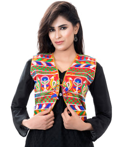Banjara India Women's Cotton Blend Kutchi Embroidered Sleeveless Short Jacket/Koti/Shrug (Duck ) - SJK-DCK03 - Banjara India