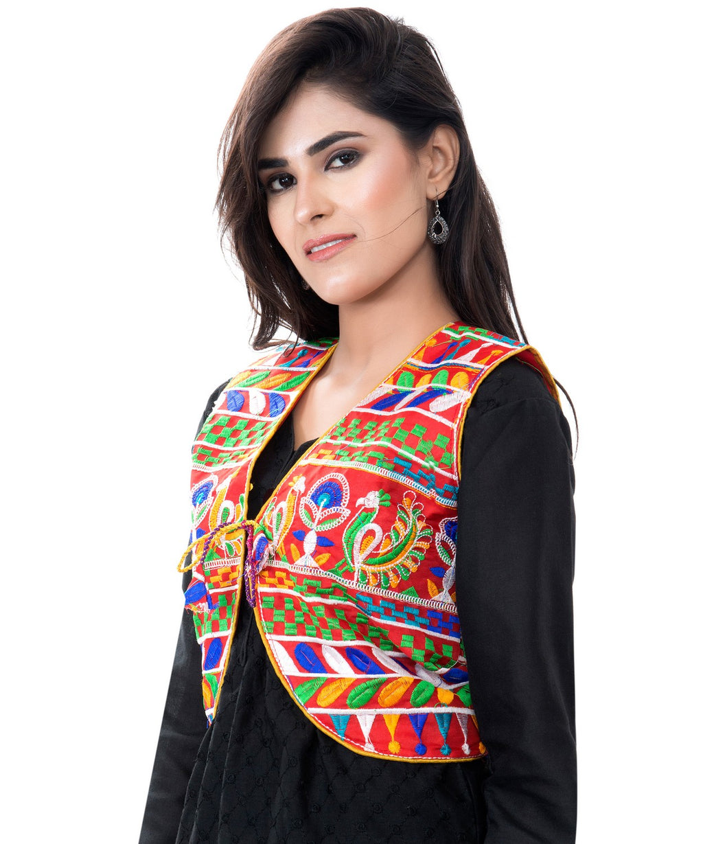 Banjara India Women's Cotton Blend Kutchi Embroidered Sleeveless Short Jacket/Koti/Shrug (Duck ) - SJK-DCK03 - Banjara India