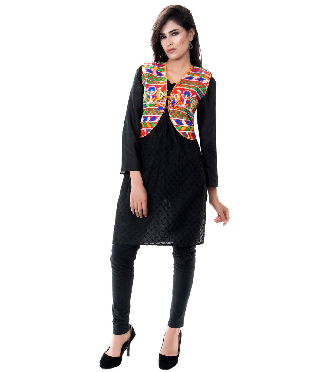 Banjara India Women's Cotton Blend Kutchi Embroidered Sleeveless Short Jacket/Koti/Shrug (Duck ) - SJK-DCK03 - Banjara India