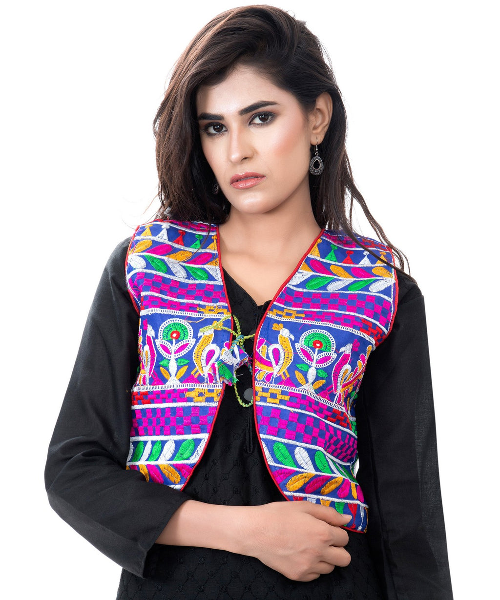 Banjara India Women's Cotton Blend Kutchi Embroidered Sleeveless Short Jacket/Koti/Shrug (Duck ) - SJK-DCK04 - Banjara India